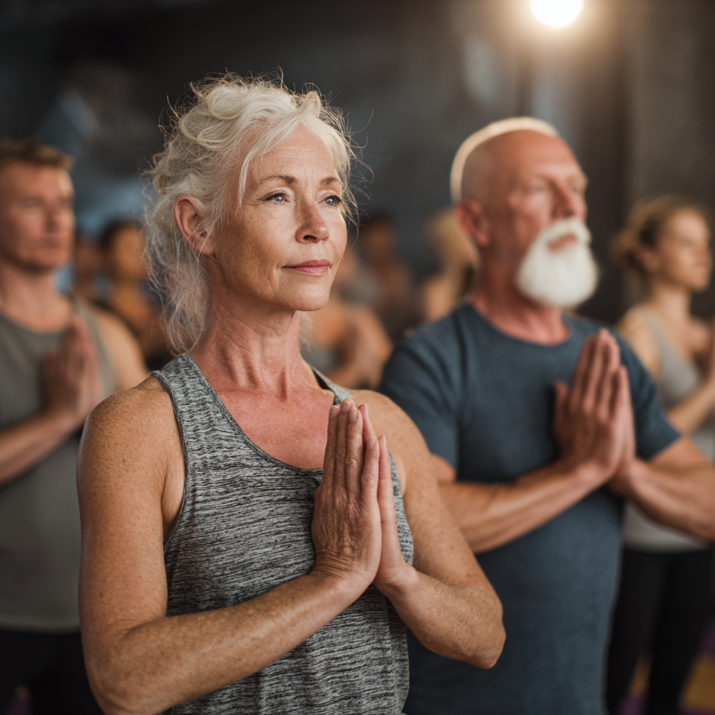 Community of mature adults practicing yoga together in supportive group environment