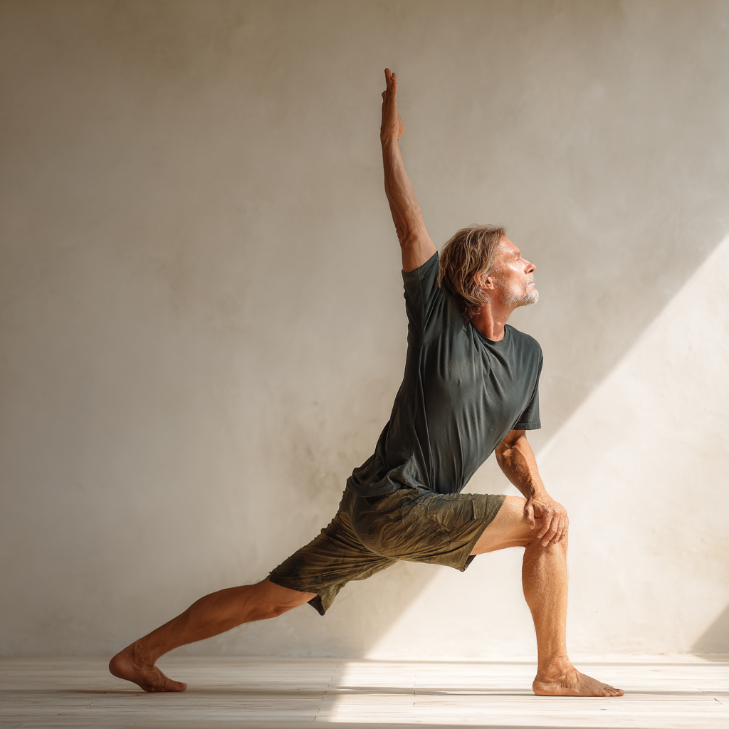 Experienced adult practicing dynamic vinyasa flow sequence with graceful movements