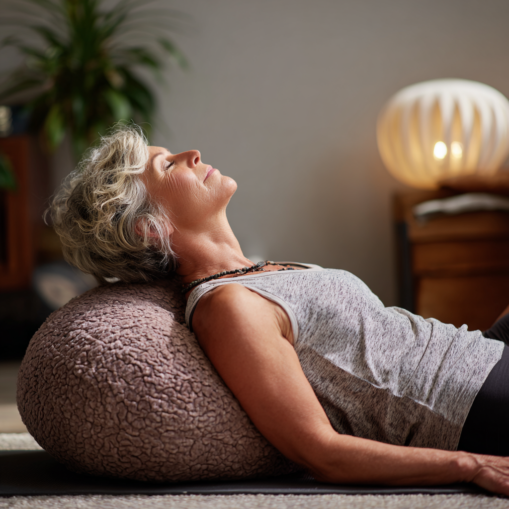 Mature individual enjoying restorative yin yoga practice with supportive props in calming atmosphere