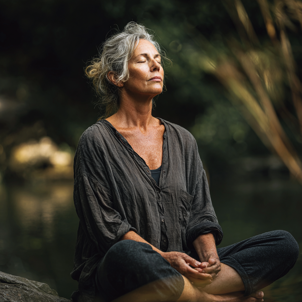 Mature woman practicing mindful yoga breathing exercises in serene natural environment