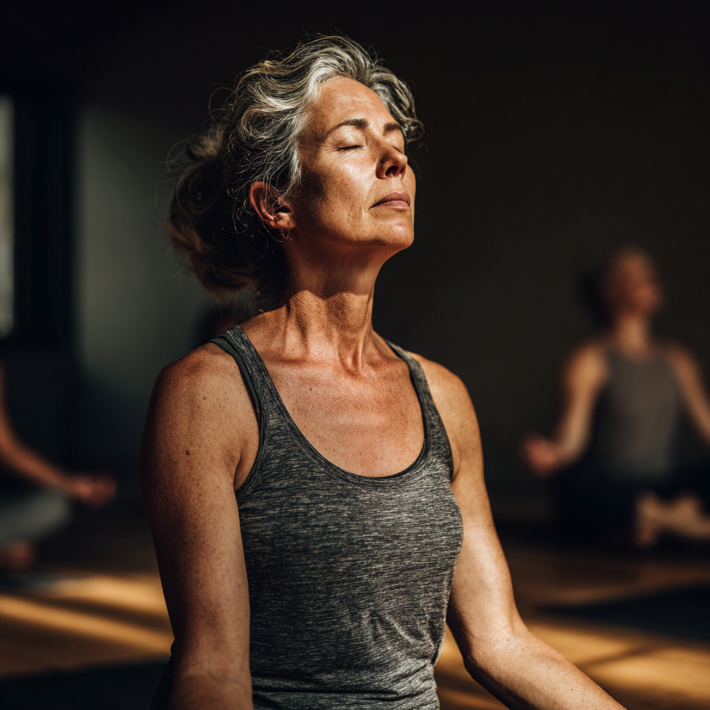 Middle-aged person practicing slow hatha yoga poses with focused breathing in peaceful setting