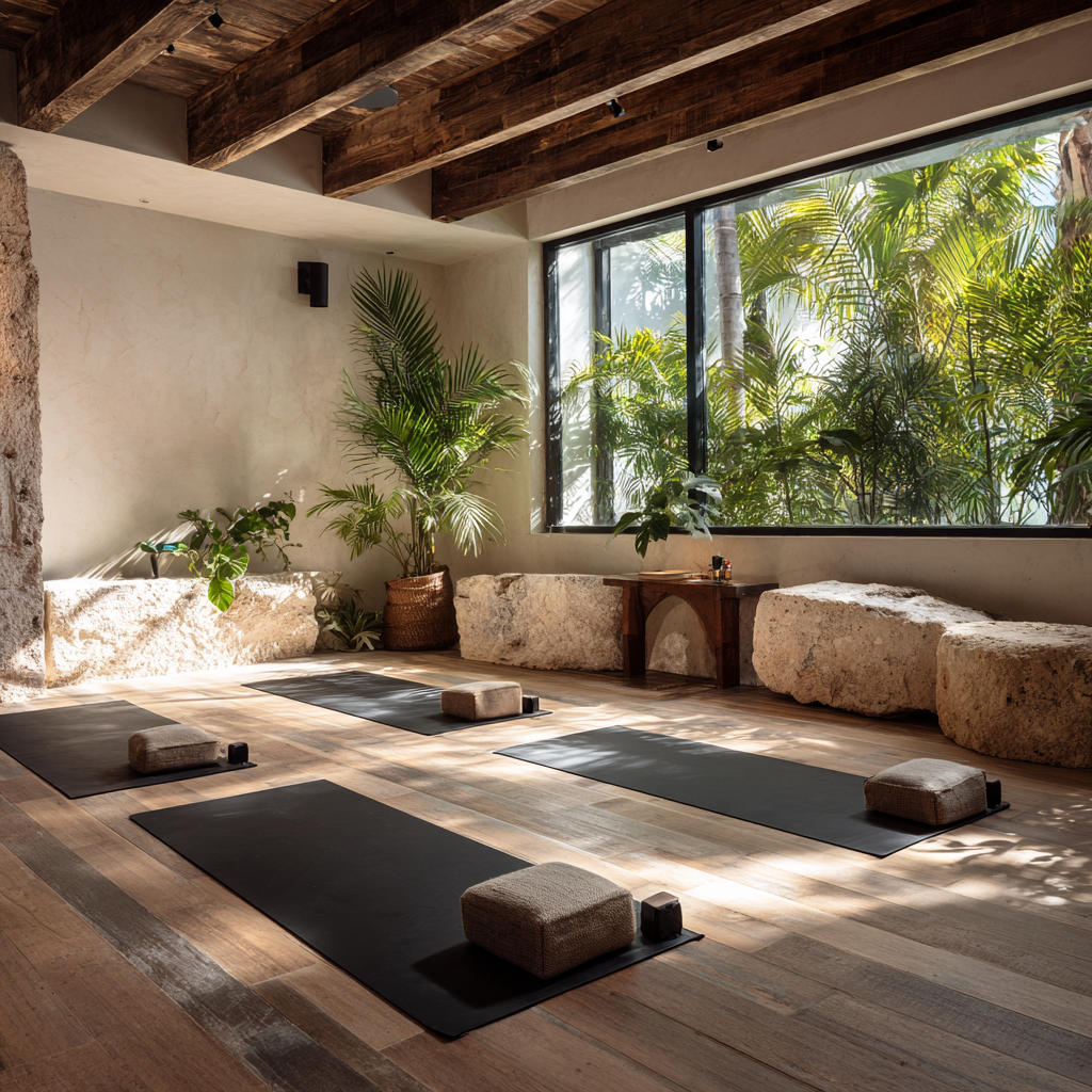 Peaceful yoga practice space with natural elements creating harmony for adult practitioners
