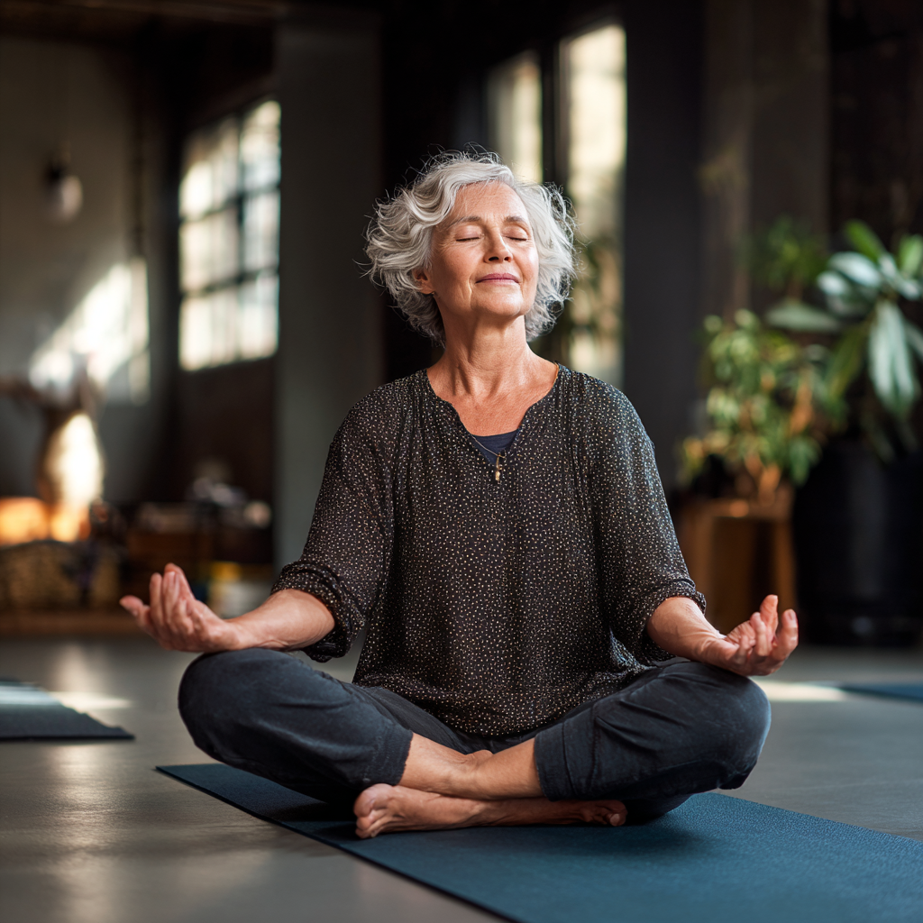 Senior adult finding inner peace through gentle yoga practice in welcoming studio space